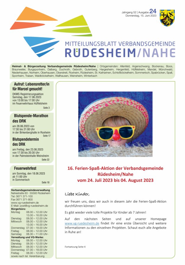 Mitteilungsblatt Verbandsgemeinde Rüdesheim und zugehörige Ortsgemeinden Titelblatt 24/2023