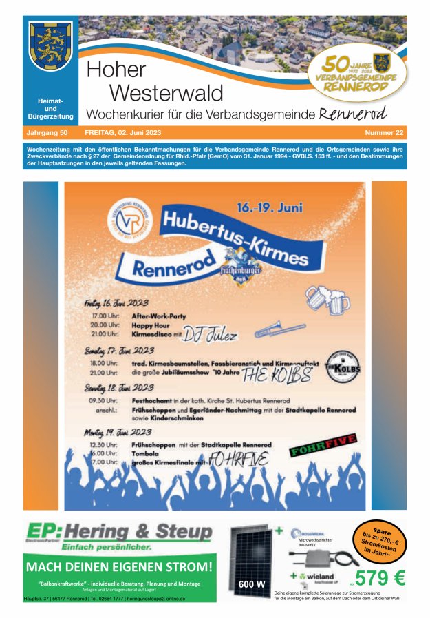 Hoher Westerwald - Wochenkurier für die Verbandsgemeinde Rennerod Titelblatt 22/2023