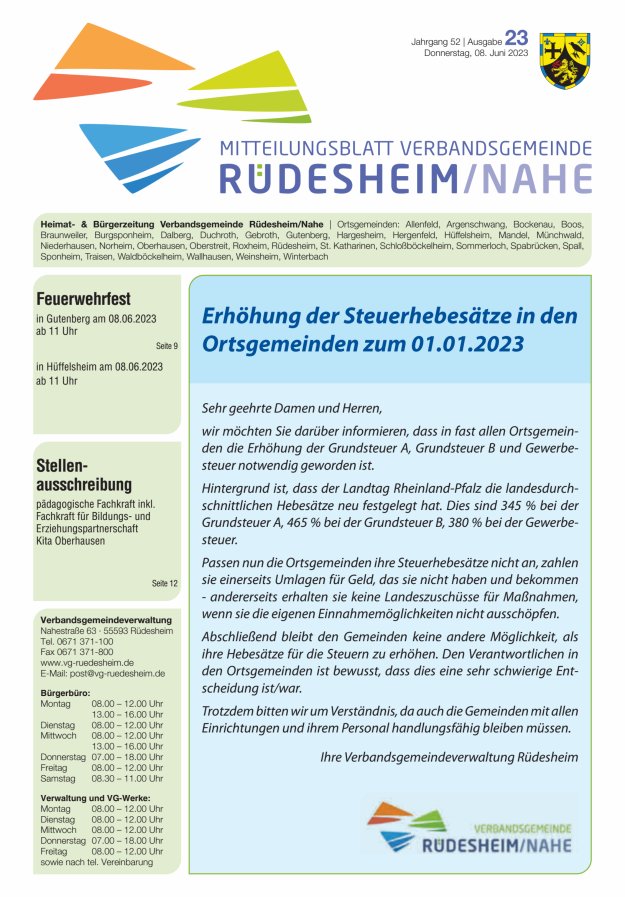 Mitteilungsblatt Verbandsgemeinde Rüdesheim und zugehörige Ortsgemeinden Titelblatt 23/2023