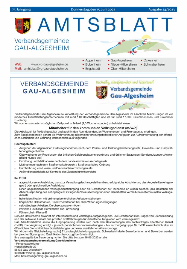Amtsblatt der VG Gau-Algesheim Titelblatt 24/2023