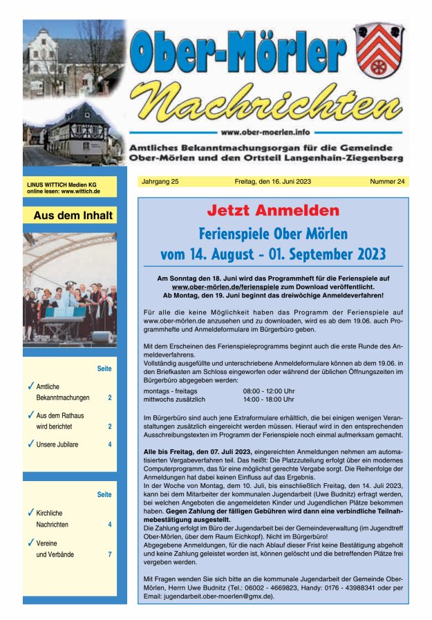 Ober-Mörler Nachrichten Titelblatt 24/2023