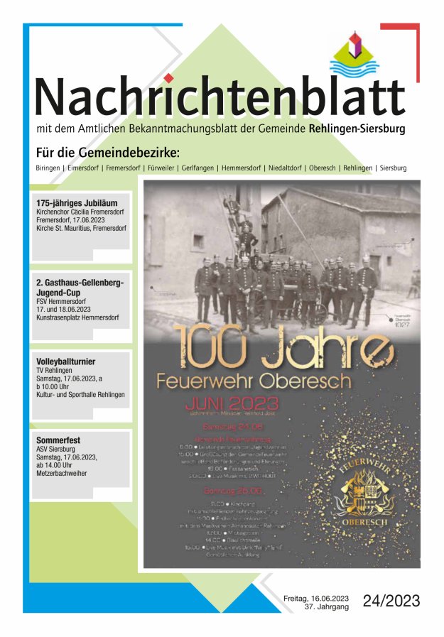 Nachrichtenblatt Rehlingen-Siersburg Titelblatt 24/2023