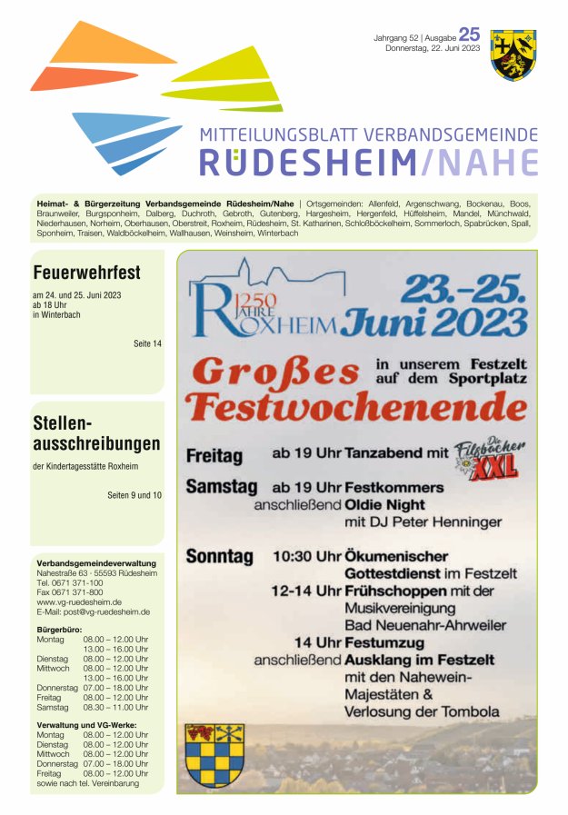 Mitteilungsblatt Verbandsgemeinde Rüdesheim und zugehörige Ortsgemeinden Titelblatt 25/2023