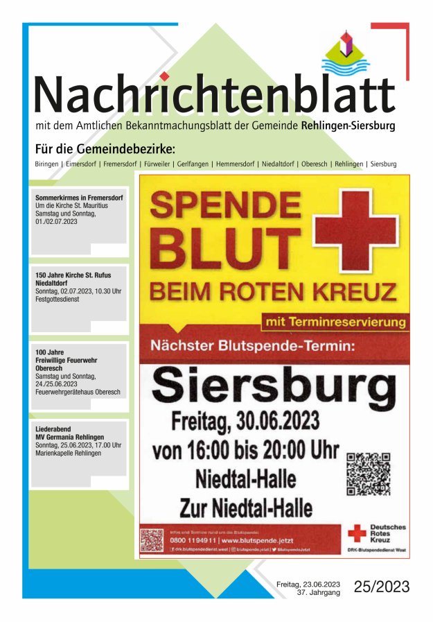 Nachrichtenblatt Rehlingen-Siersburg Titelblatt 25/2023