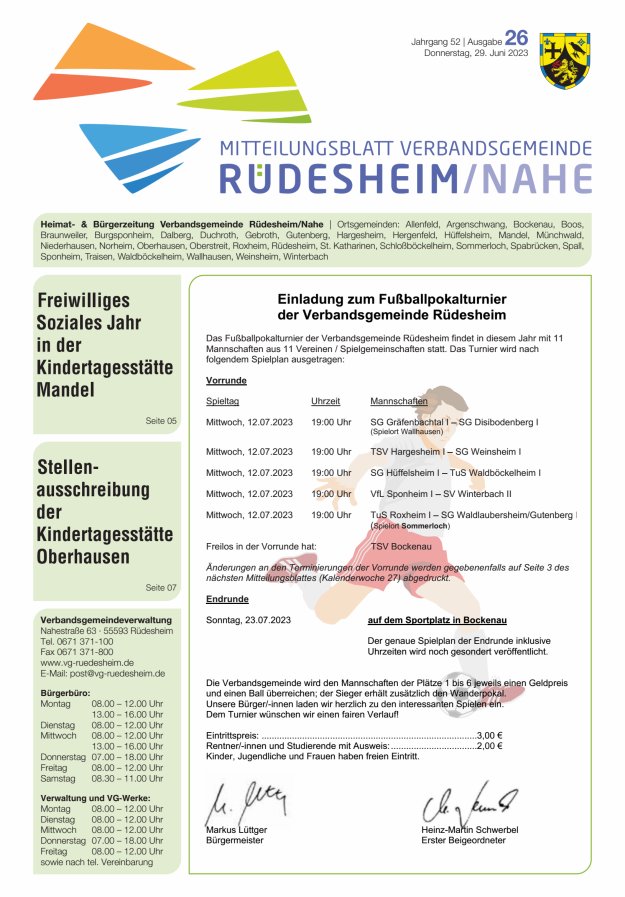 Mitteilungsblatt Verbandsgemeinde Rüdesheim und zugehörige Ortsgemeinden Titelblatt 26/2023