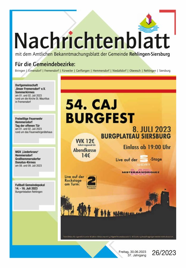 Nachrichtenblatt Rehlingen-Siersburg Titelblatt 26/2023