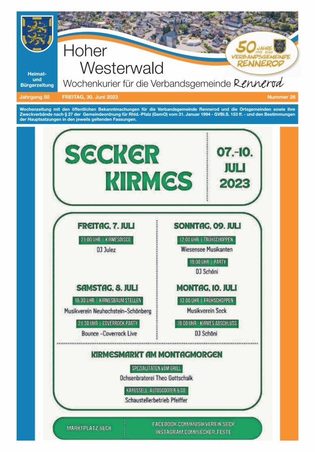 Hoher Westerwald - Wochenkurier für die Verbandsgemeinde Rennerod Titelblatt 26/2023