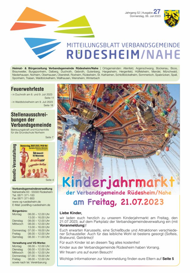 Mitteilungsblatt Verbandsgemeinde Rüdesheim und zugehörige Ortsgemeinden Titelblatt 27/2023
