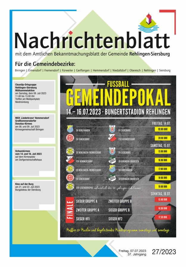 Nachrichtenblatt Rehlingen-Siersburg Titelblatt 27/2023