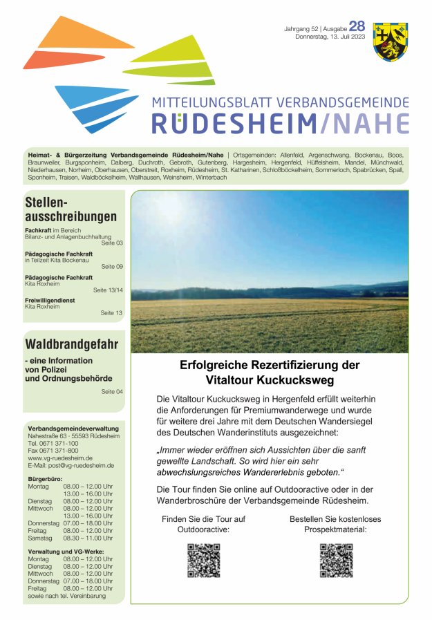 Mitteilungsblatt Verbandsgemeinde Rüdesheim und zugehörige Ortsgemeinden Titelblatt 28/2023