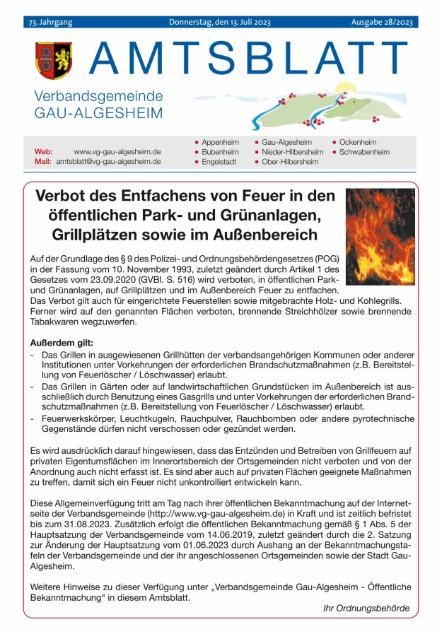 Amtsblatt der VG Gau-Algesheim Titelblatt 28/2023