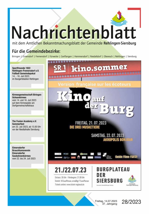 Nachrichtenblatt Rehlingen-Siersburg Titelblatt 28/2023