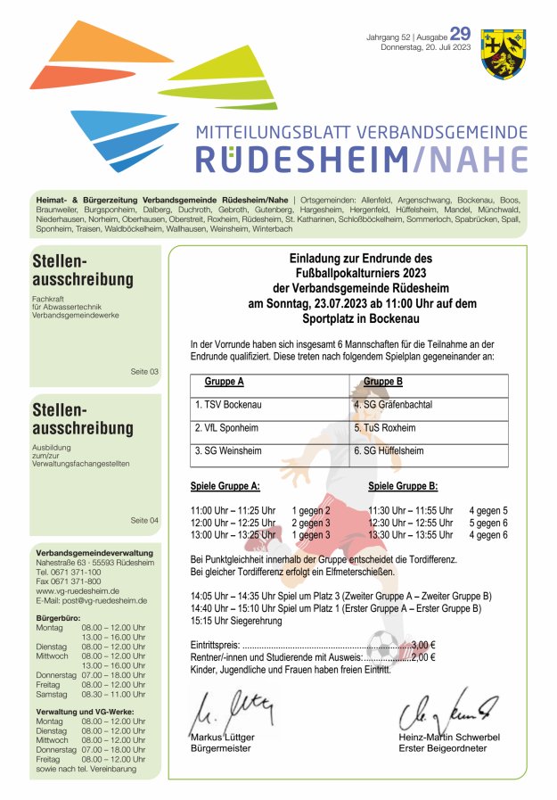Mitteilungsblatt Verbandsgemeinde Rüdesheim und zugehörige Ortsgemeinden Titelblatt 29/2023