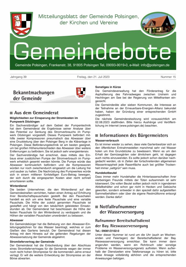 Polsingen - Der Gemeindebote Titelblatt 15/2023