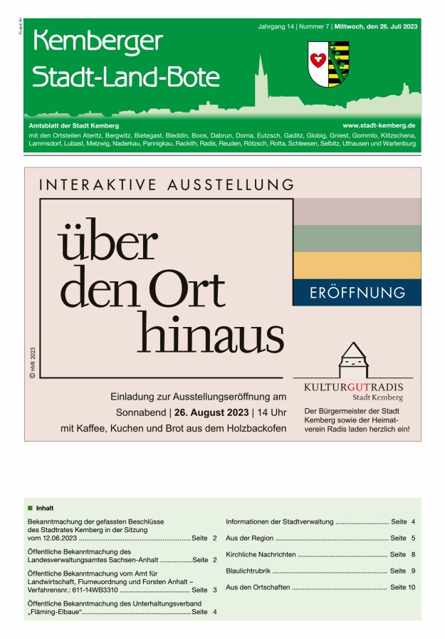 Kemberger Stadt-Land-Bote Amtsblatt der Stadt Kemberg Titelblatt 07/2023