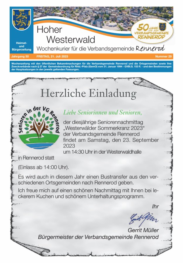 Hoher Westerwald - Wochenkurier für die Verbandsgemeinde Rennerod Titelblatt 29/2023