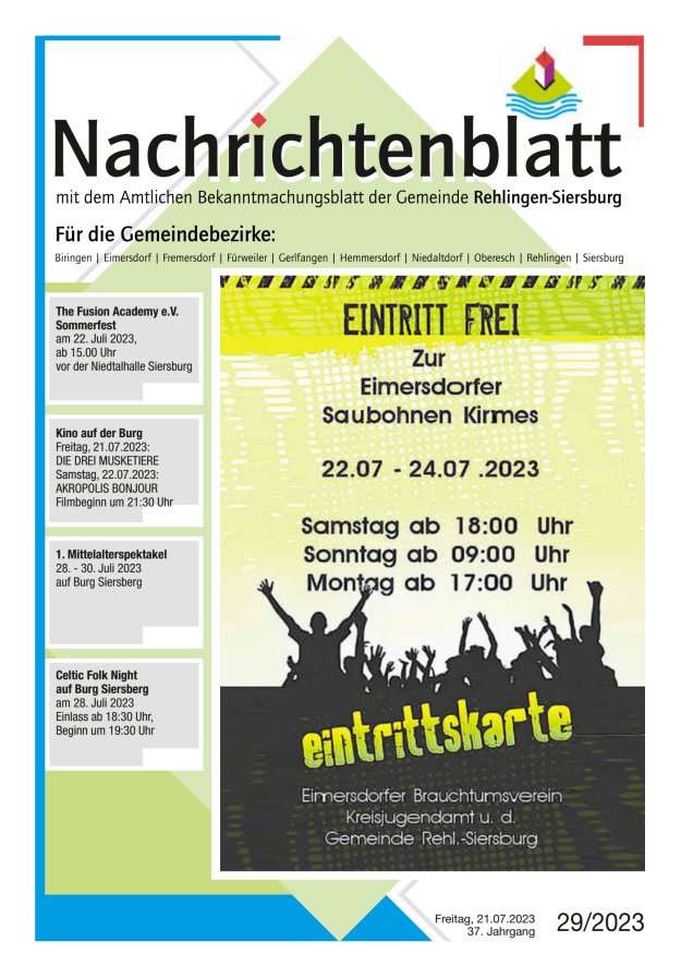 Nachrichtenblatt Rehlingen-Siersburg Titelblatt 29/2023