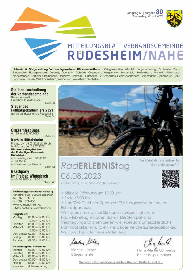 Mitteilungsblatt Verbandsgemeinde Rüdesheim und zugehörige Ortsgemeinden Titelblatt 30/2023