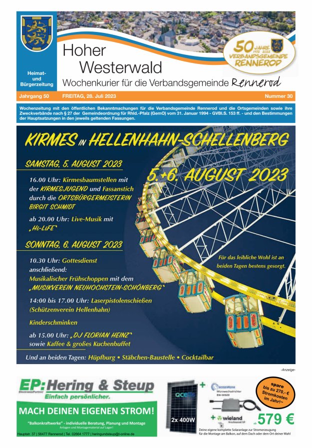 Hoher Westerwald - Wochenkurier für die Verbandsgemeinde Rennerod Titelblatt 30/2023