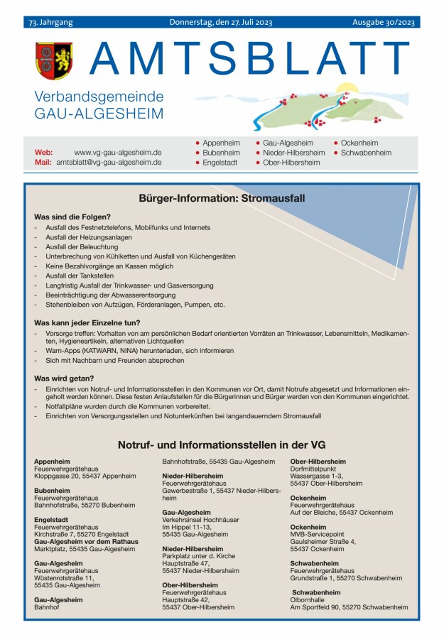 Amtsblatt der VG Gau-Algesheim Titelblatt 30/2023