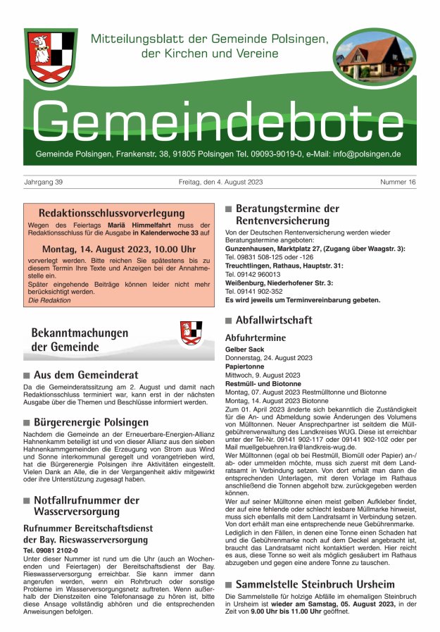 Polsingen - Der Gemeindebote Titelblatt 16/2023