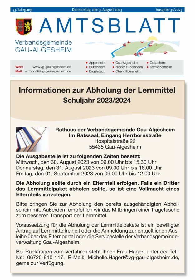 Amtsblatt der VG Gau-Algesheim Titelblatt 31/2023