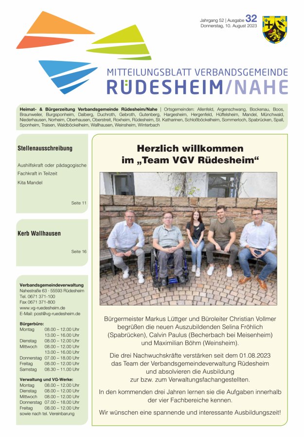 Mitteilungsblatt Verbandsgemeinde Rüdesheim und zugehörige Ortsgemeinden Titelblatt 32/2023