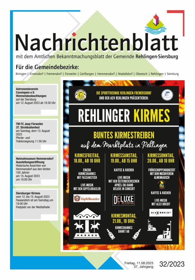 Nachrichtenblatt Rehlingen-Siersburg Titelblatt 32/2023