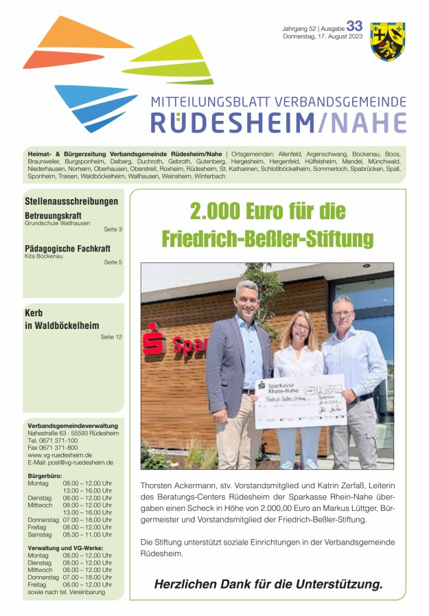 Mitteilungsblatt Verbandsgemeinde Rüdesheim und zugehörige Ortsgemeinden Titelblatt 33/2023