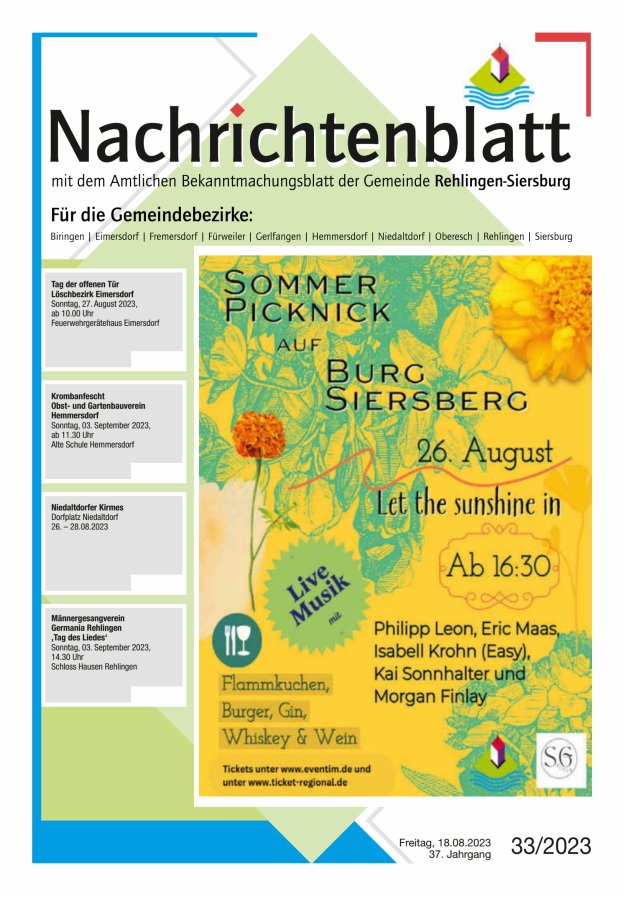 Nachrichtenblatt Rehlingen-Siersburg Titelblatt 33/2023