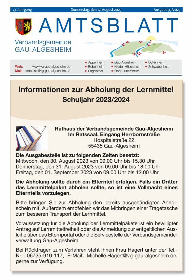 Amtsblatt der VG Gau-Algesheim Titelblatt 33/2023