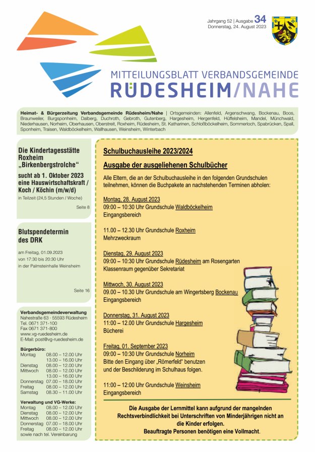 Mitteilungsblatt Verbandsgemeinde Rüdesheim und zugehörige Ortsgemeinden Titelblatt 34/2023