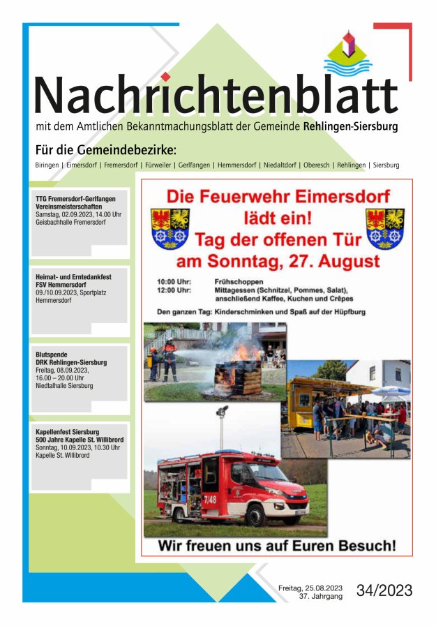 Nachrichtenblatt Rehlingen-Siersburg Titelblatt 34/2023