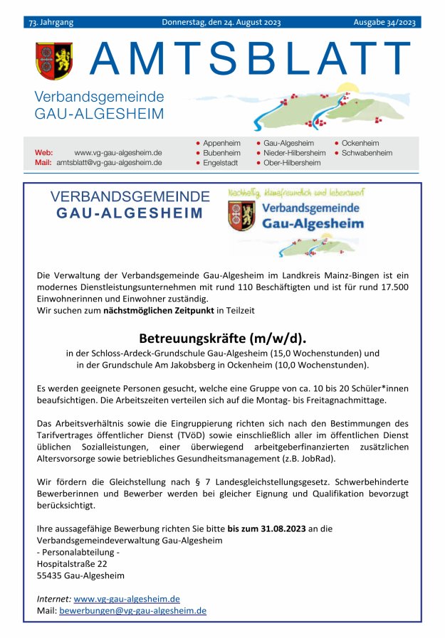 Amtsblatt der VG Gau-Algesheim Titelblatt 34/2023