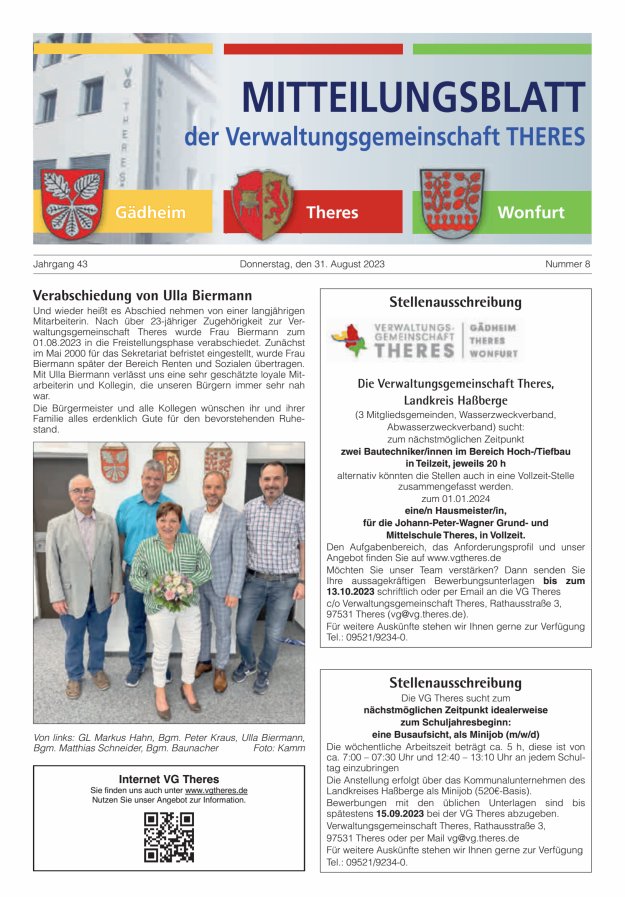 Mitteilungsblatt der Verwaltungsgemeinschaft Theres Titelblatt 08/2023