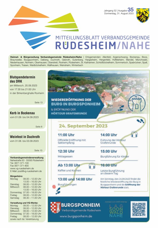 Mitteilungsblatt Verbandsgemeinde Rüdesheim und zugehörige Ortsgemeinden Titelblatt 35/2023