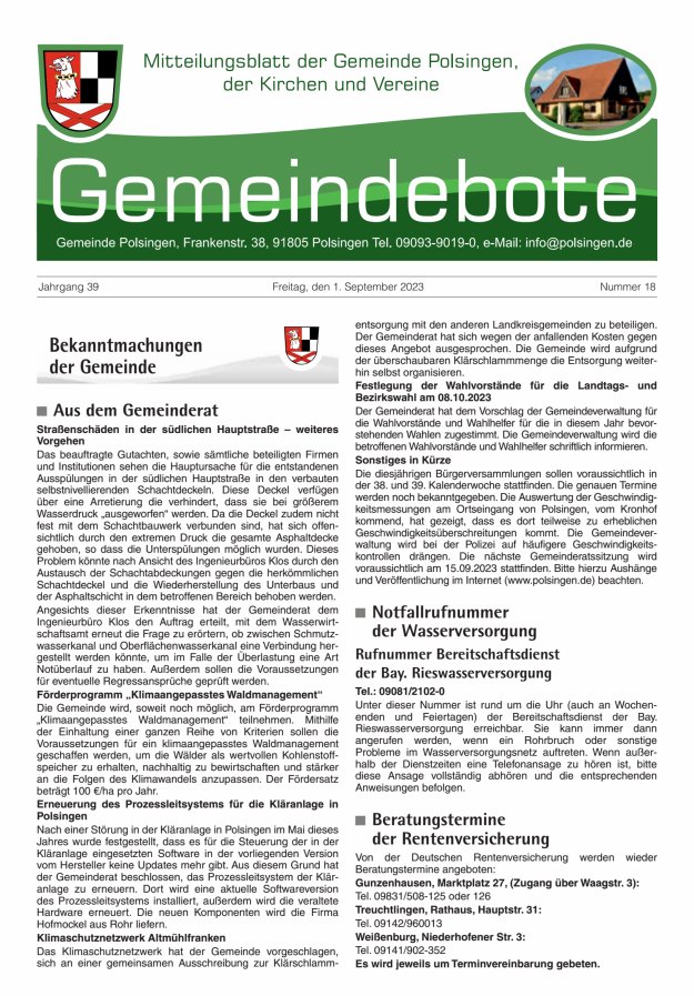 Polsingen - Der Gemeindebote Titelblatt 18/2023