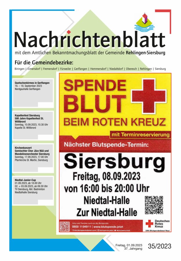 Nachrichtenblatt Rehlingen-Siersburg Titelblatt 35/2023