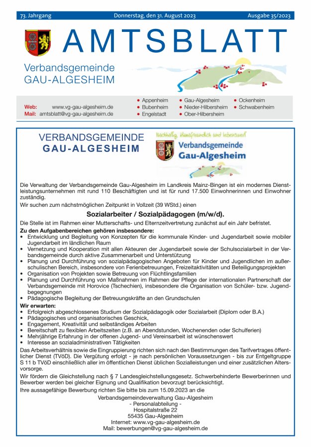 Amtsblatt der VG Gau-Algesheim Titelblatt 35/2023