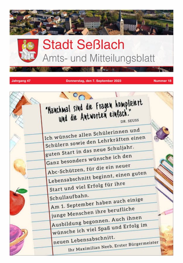 Amts- und Mitteilungsblatt Stadt Seßlach Titelblatt 18/2023