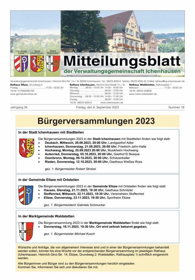 Mitteilungsblatt der Verwaltungsgemeinschaft Ichenhausen Titelblatt 18/2023