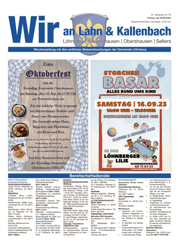 Amtliches Mitteilungsblatt der Gemeinde Löhnberg Titelblatt 36/2023
