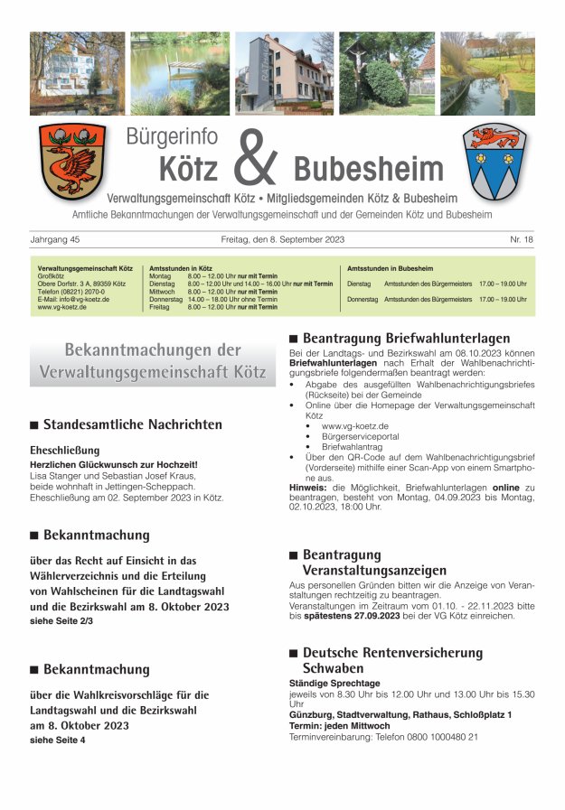 Amtsblatt der VG Kötz und der Mitgliedsgemeinden Titelblatt 18/2023
