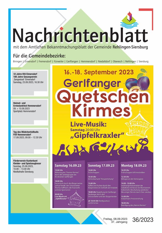 Nachrichtenblatt Rehlingen-Siersburg Titelblatt 36/2023