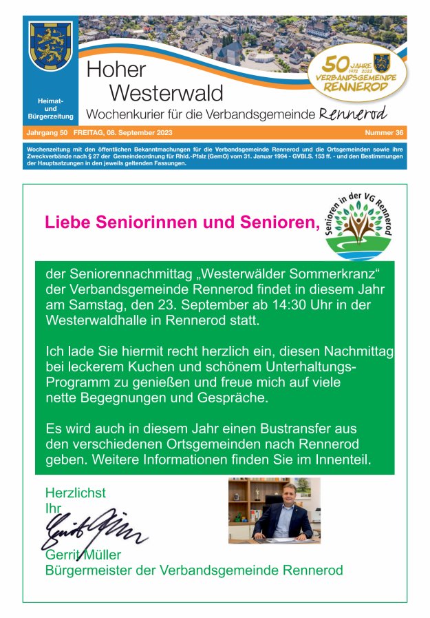 Hoher Westerwald - Wochenkurier für die Verbandsgemeinde Rennerod Titelblatt 36/2023