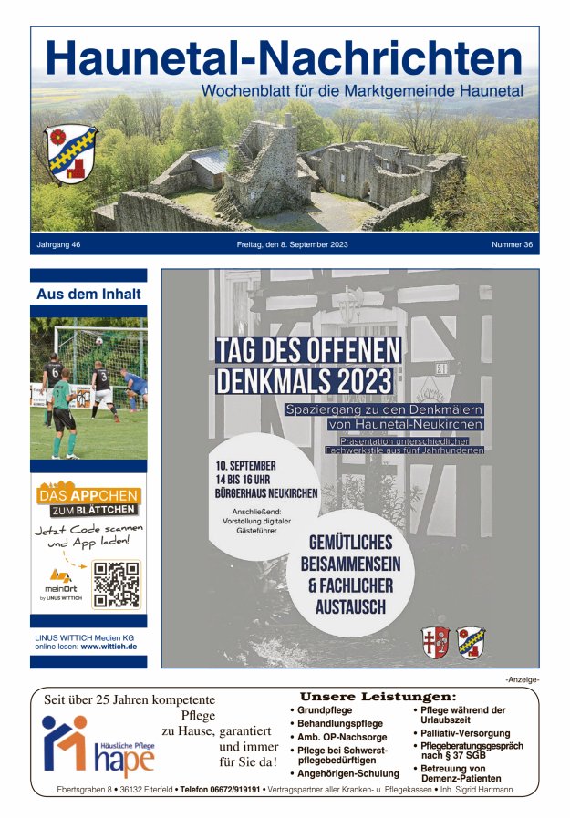 Haunetal-Nachrichten Titelblatt 36/2023