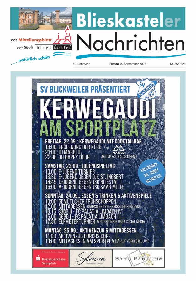 Blieskasteler Nachrichten  Titelblatt 36/2023