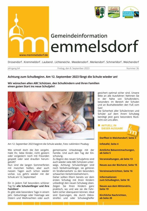 Mitteilungsblatt der Gemeinde Memmelsdorf Titelblatt 36/2023
