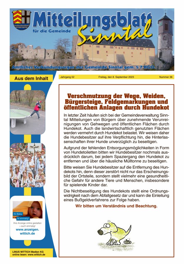 Mitteilungsblatt für die Gemeinde Sinntal Titelblatt 36/2023