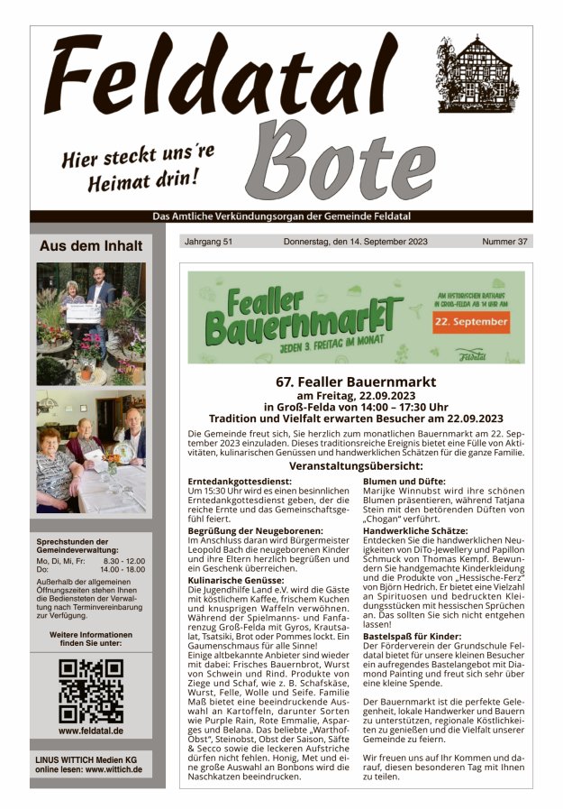 Das Amtliche Verkündungsorgan der Gemeinde Feldatal Titelblatt 37/2023